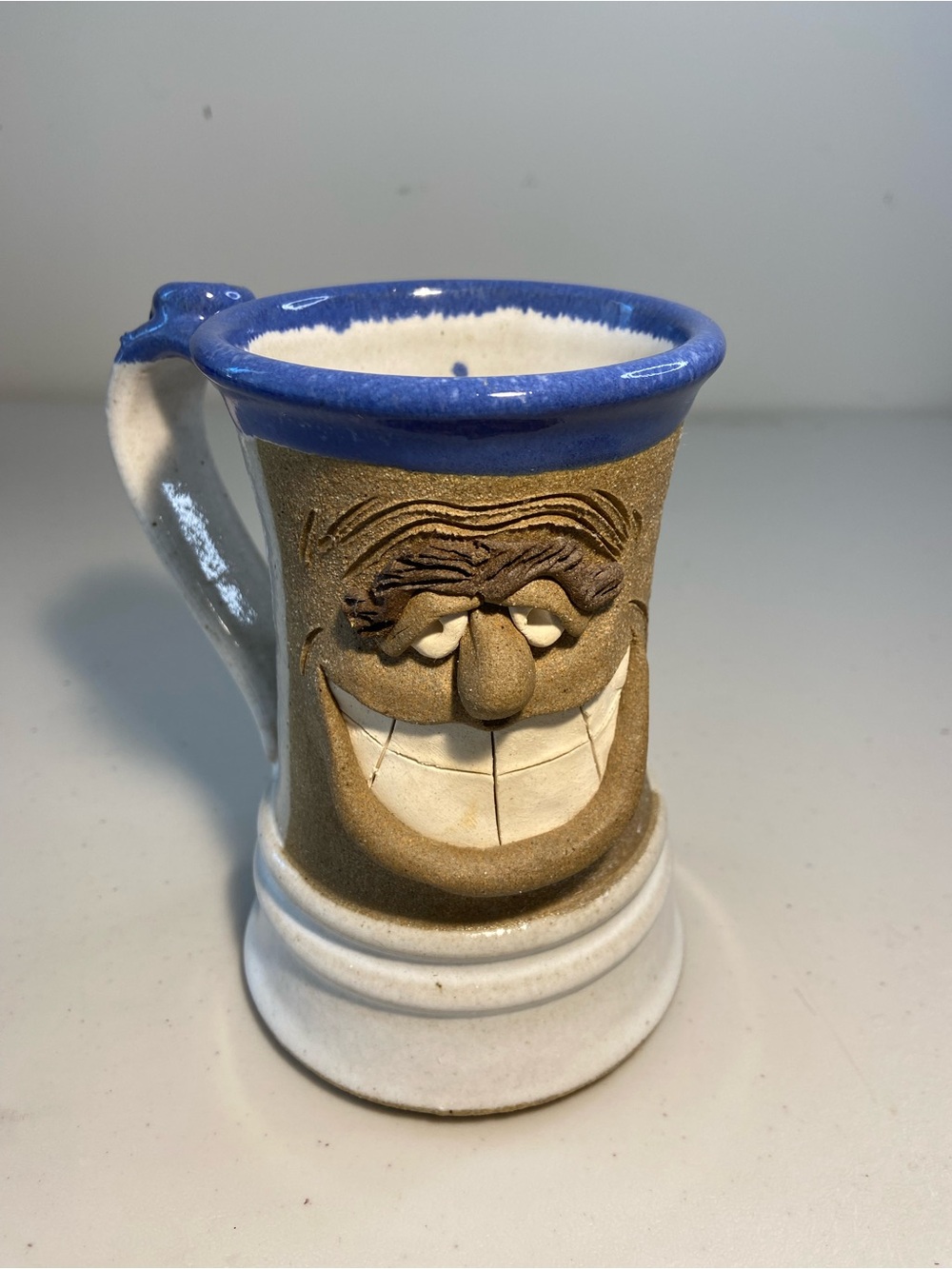 Vintage Ron Scharf Pottery Funny Face Mug - Blue and Tan